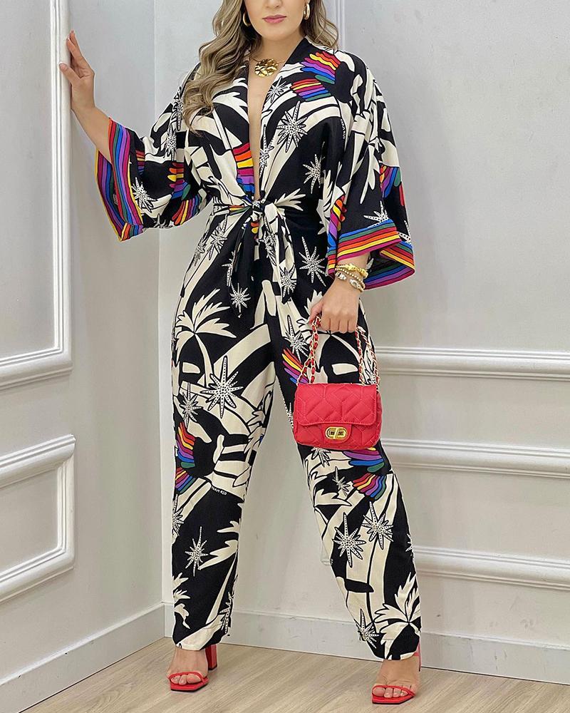 

Graphic Print Plunging Neck Tied Detail Jumpsuit, Black