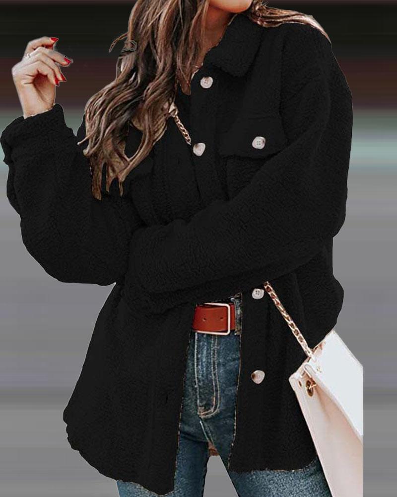 

Long Sleeve Button Down Teddy Shacket, Black