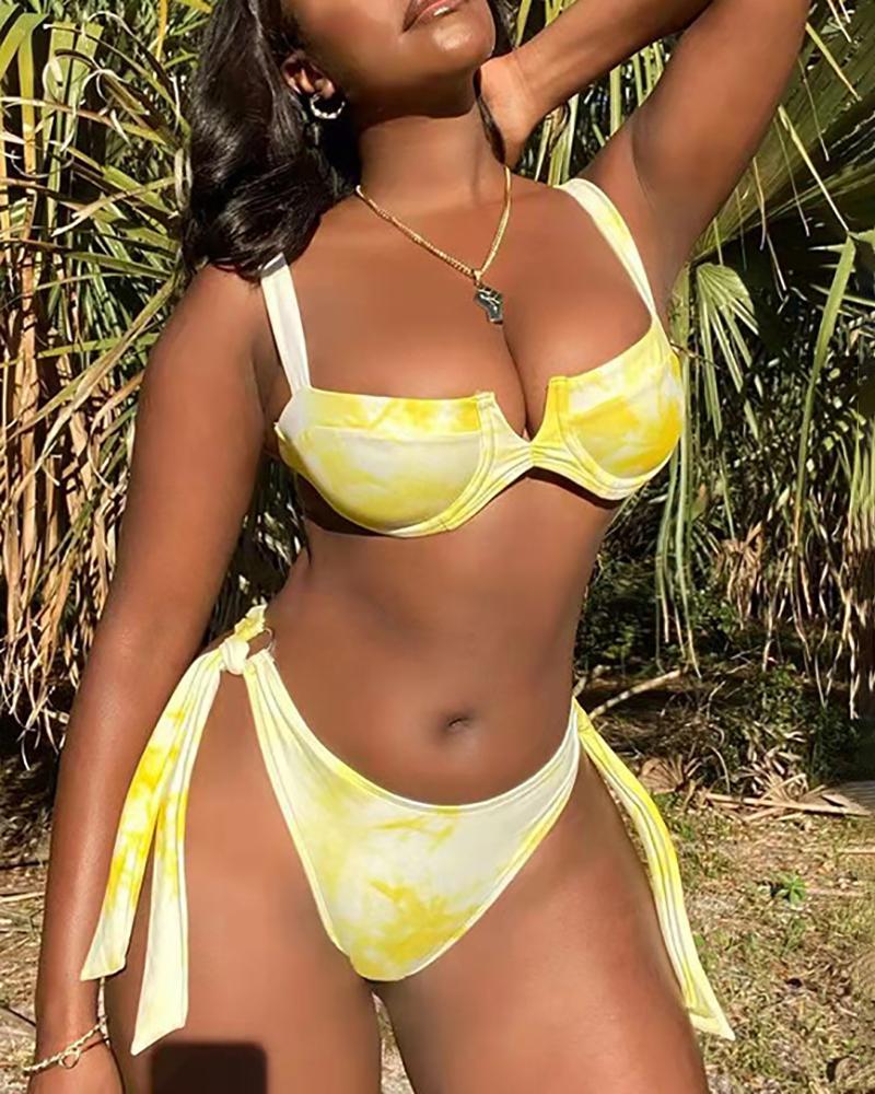 

Tie Dye Print Tied Detail Sleeveless Bikini Set, Yellow