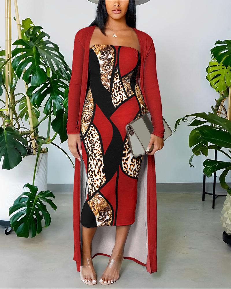 

Abstract Leopard Print Bodycon Dress With Longline Coat, Red