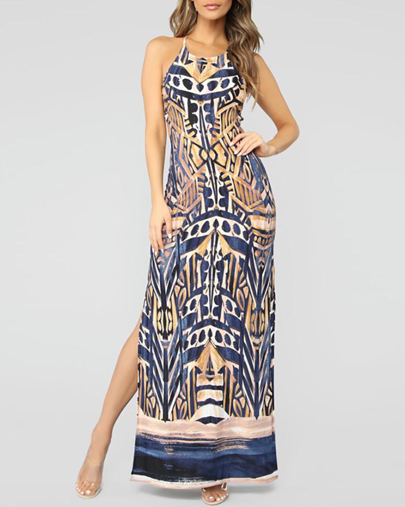 

Print Lace-Up Back Side Slit Maxi Dress, Dark blue