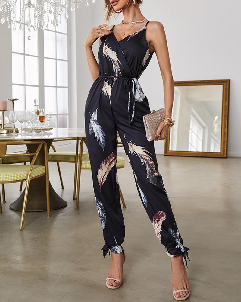 

Feather Print Tied Detail Jumpsuit, Black