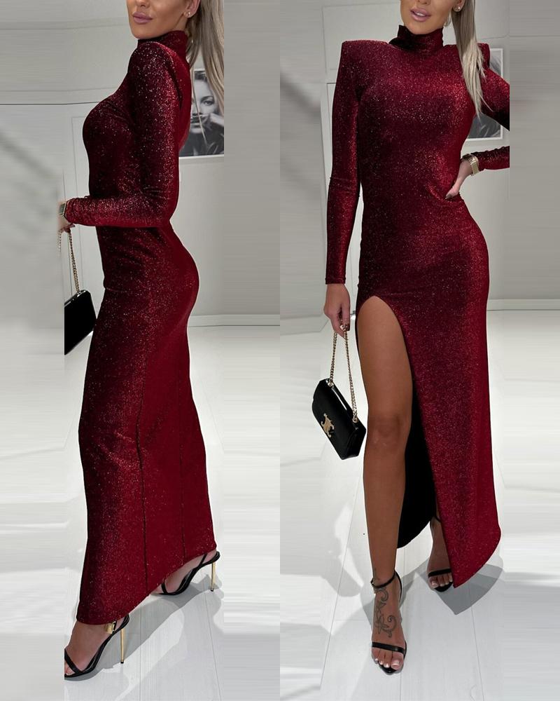 

Long Sleeve High Slit Party Dress, Wine red