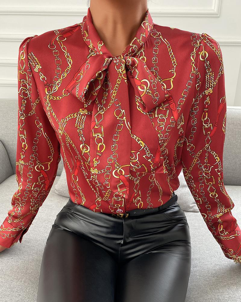 

Chain Print Tie Neck Satin Long Sleeve Shirt, Red