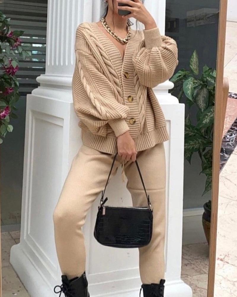 

Button Front Lantern Sleeve Cardigan & Pants Set, Khaki
