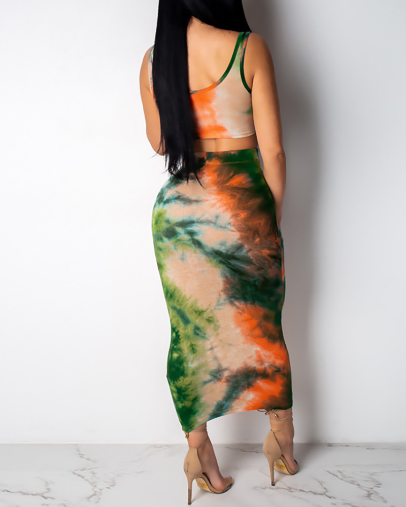 

Tie Dye Print Crop Tank Top & Knotted Front Skirt Set, Orange