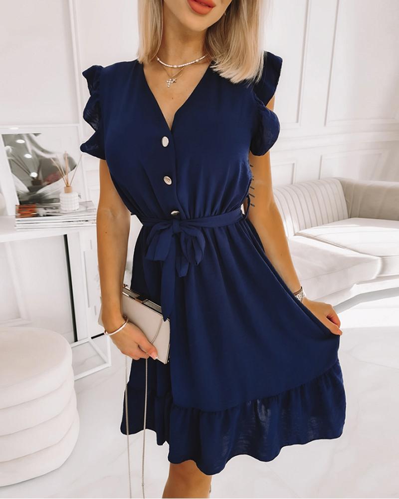 

Flutter Sleeve Ruffle Hem Belted Casual Dress, Purplish blue