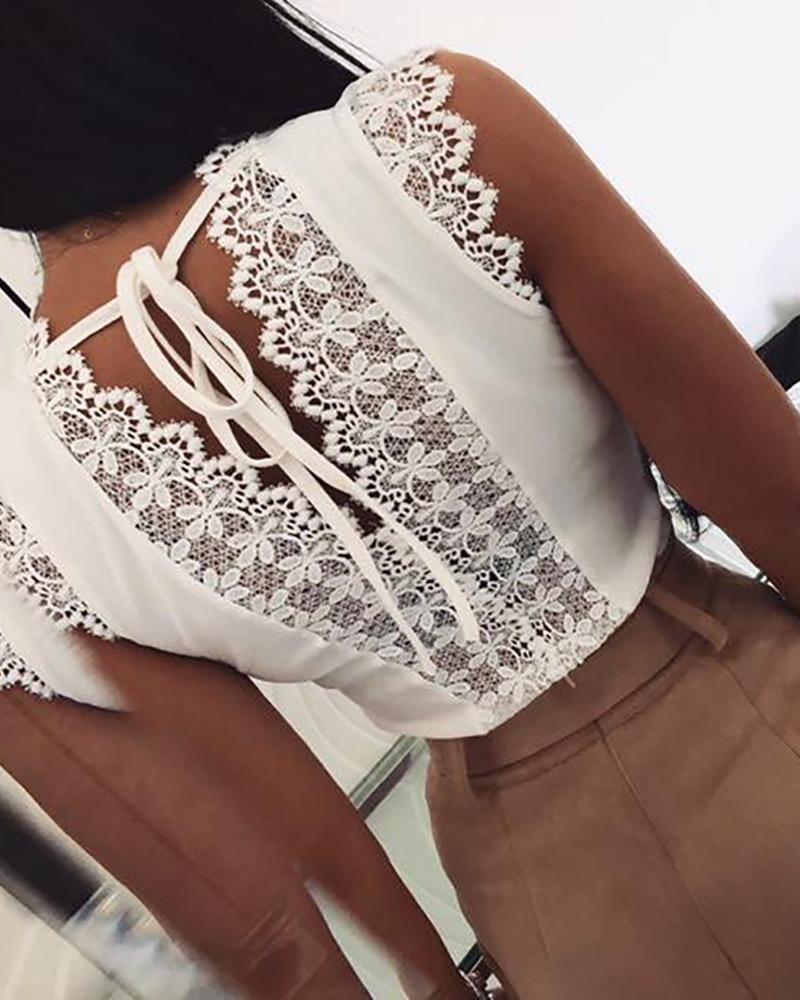 

Women Fashion Sleeveless Lace Stitching Top, White