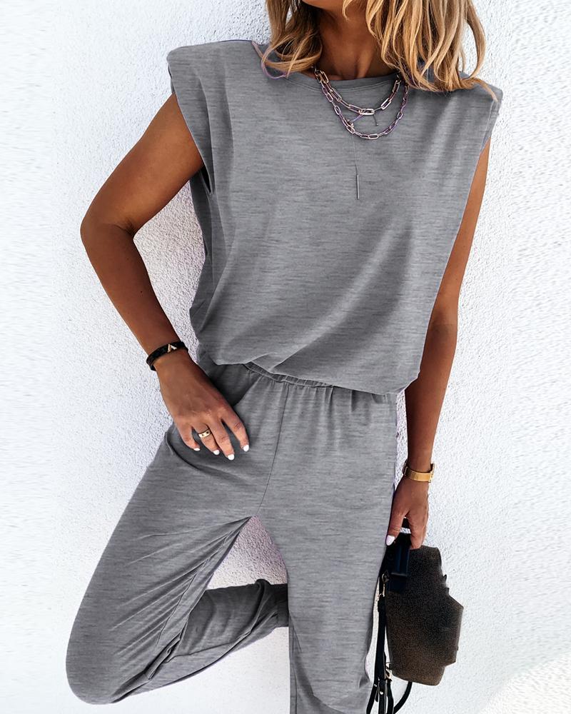 

Sleeveless Top & Pocket Design Pants Set, Gray