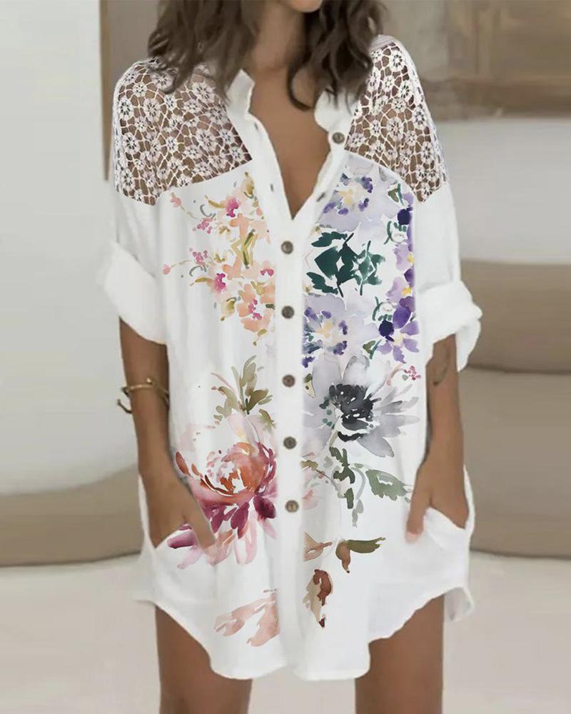 

Floral Print Contrast Lace Button Front Shirt Dress, White