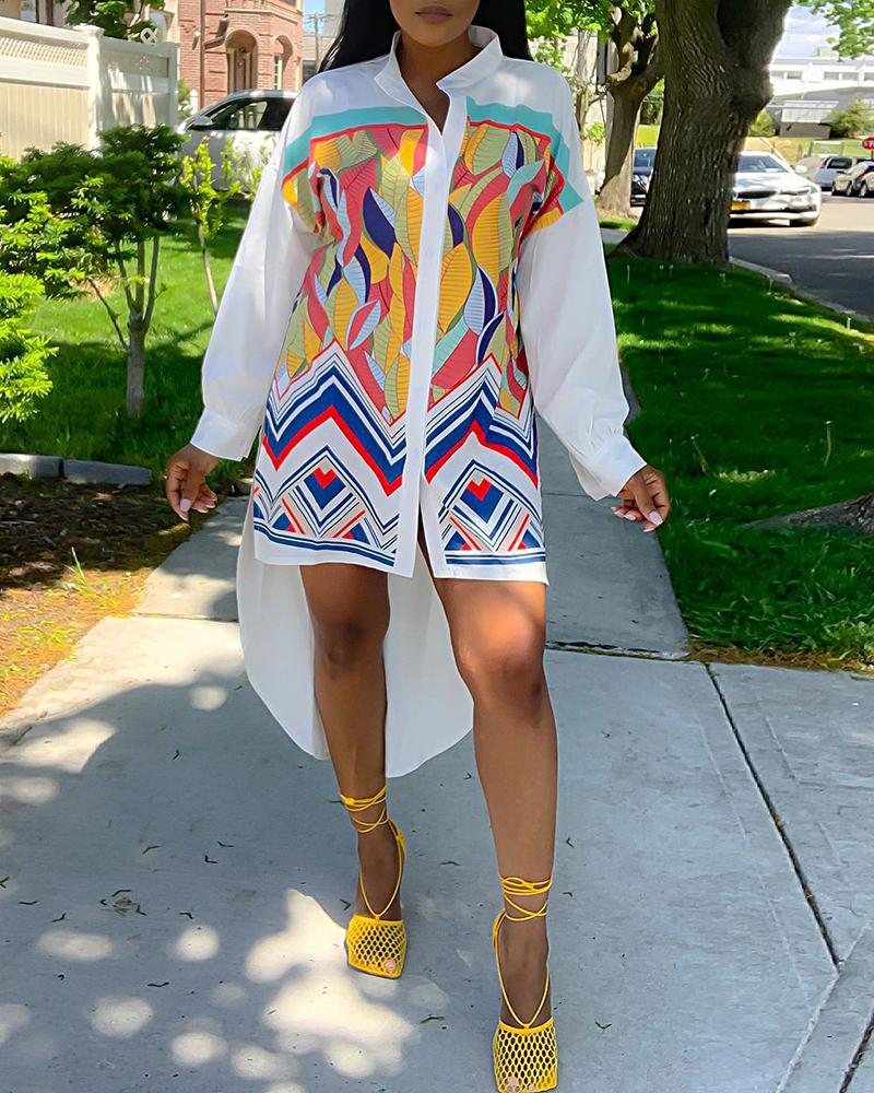 

Graphic Print Buttoned Slit Dip Hem Shirt, White