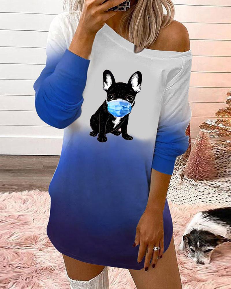 

Dog Print Colorblock Long Sleeve Top, Blue