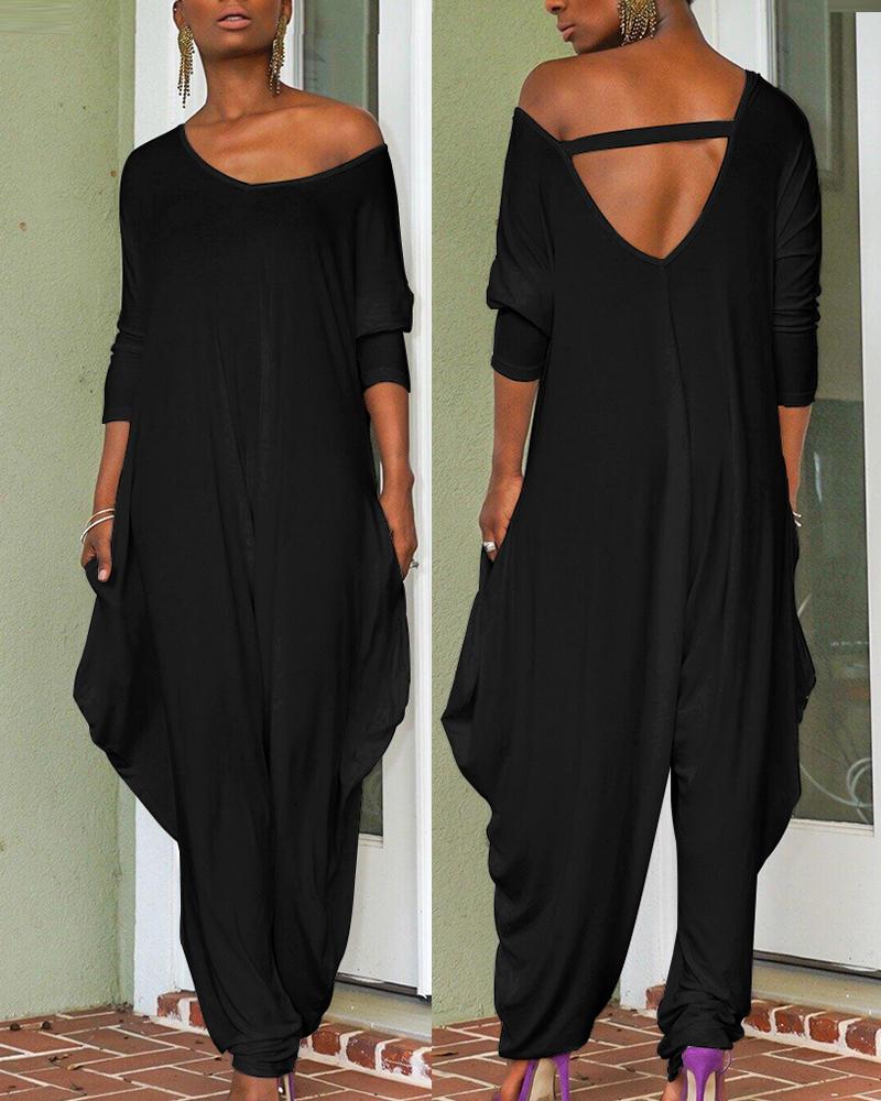

Long Sleeve V-Neck Harem Jumpsuit, Black