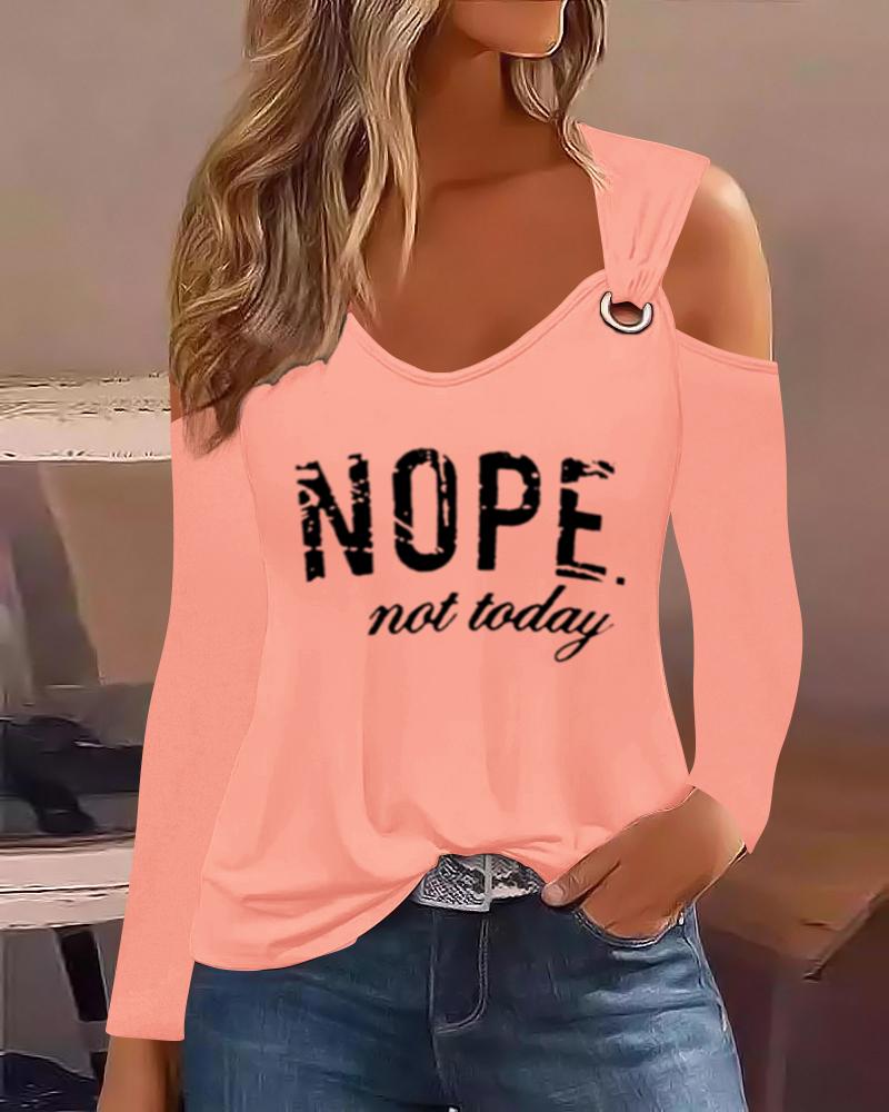 

Nope Not Today Print Cold Shoulder Eyelet Casual Top, Pink