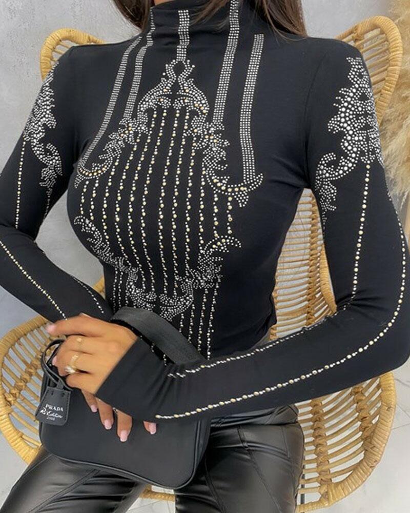 

Rhinestone Decor Long Sleeve Top, Black