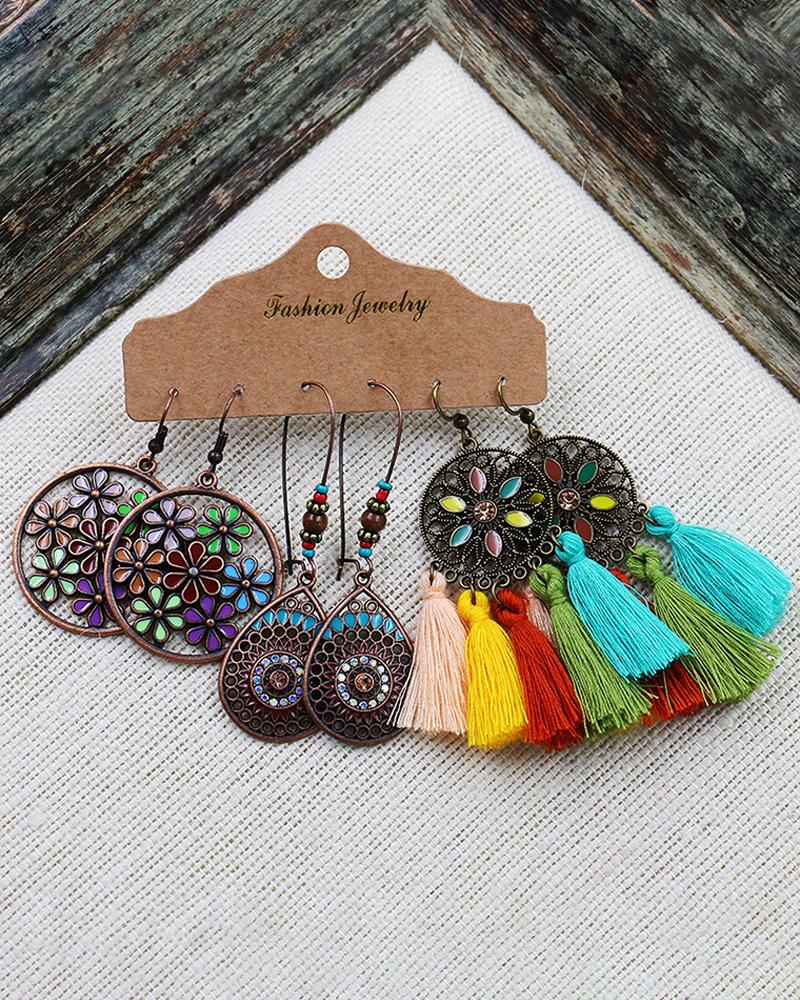 

3Pairs Hollow Out Floran Pattern Tassel Design Drop Earrings Set, Multicolor