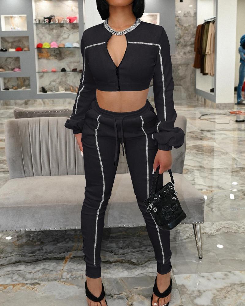 

Contrast Stitching Lantern Sleeve Crop Top & Pants Set, Black