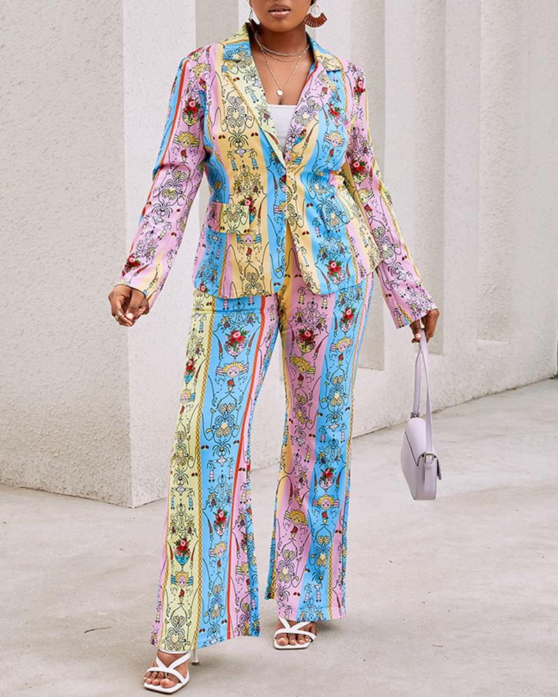 

Scarf Print Blazer Coat & Bootcut Pants Set, Multicolor