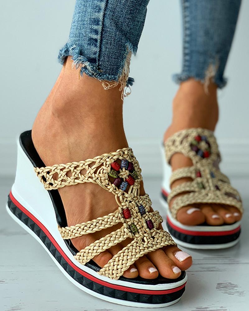 

Colorful Beaded Braided Wedge Sandals, Beige