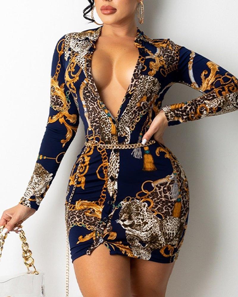 

Cheetah Baroque Print Button Up Shirt Dress, Multicolor