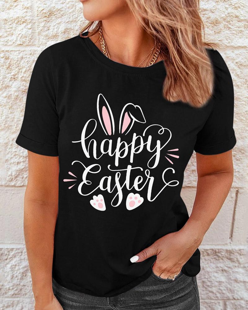

Happy Easter Bunny Letter Print Crew Neck Casual T-shirt, Black