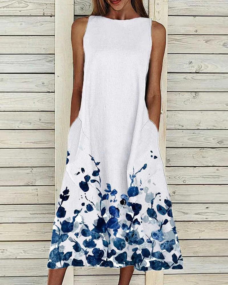 

Plants Print Pocket Detail Sleeveless Casual Dress, White