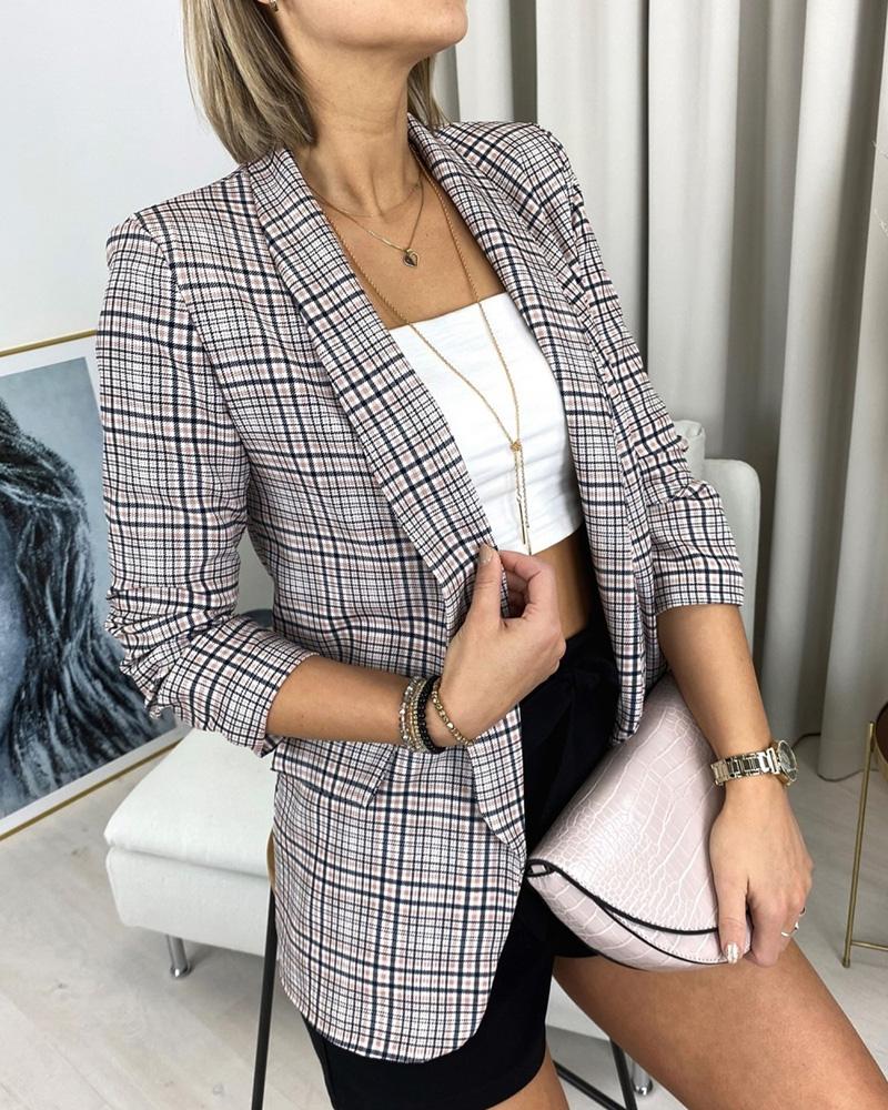

Long Sleeve Plaid Print Pocket Decor Blazer Coat, Gray