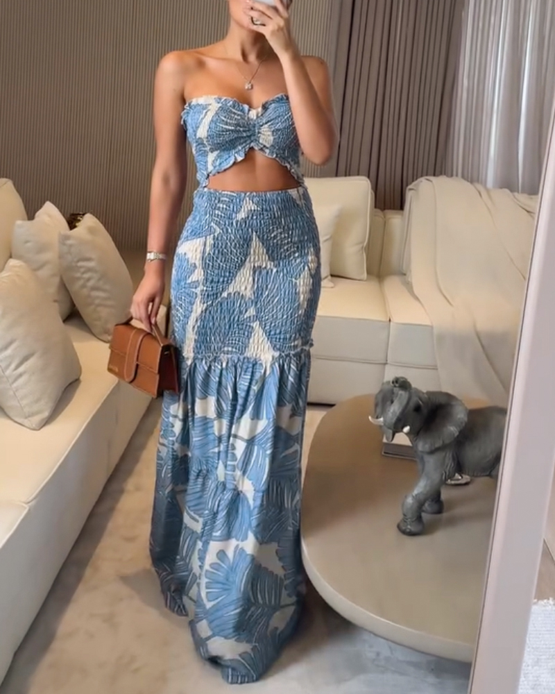 Tropical Print Drawstring Ruched Shirred Frill Trim Bandeau