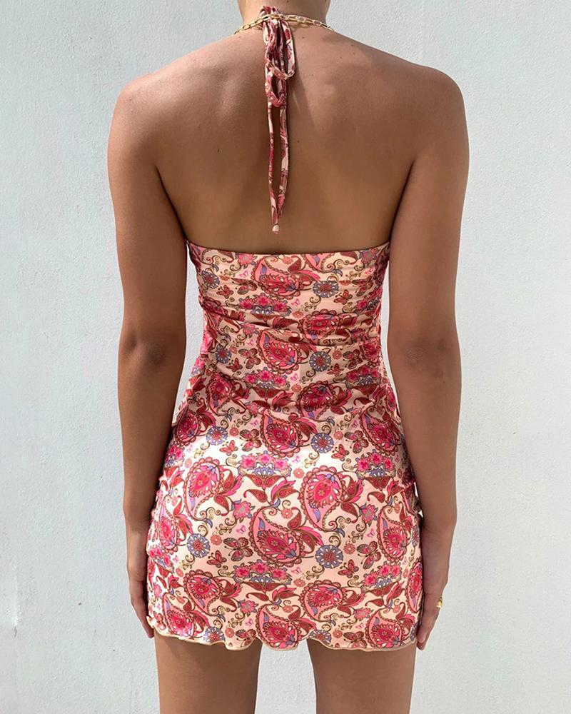 

Paisley Print Backless Halter Sleeveless Mini Dress, Pink