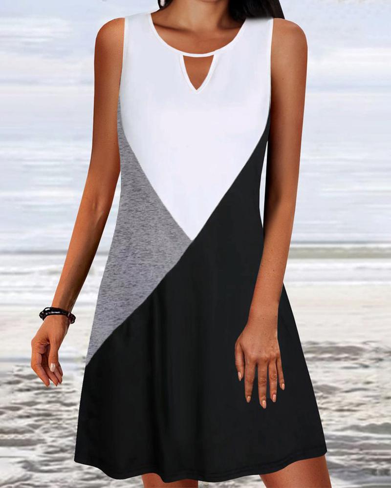 

Colorblock Keyhole Neck Sleeveless Casual Dress, Gray