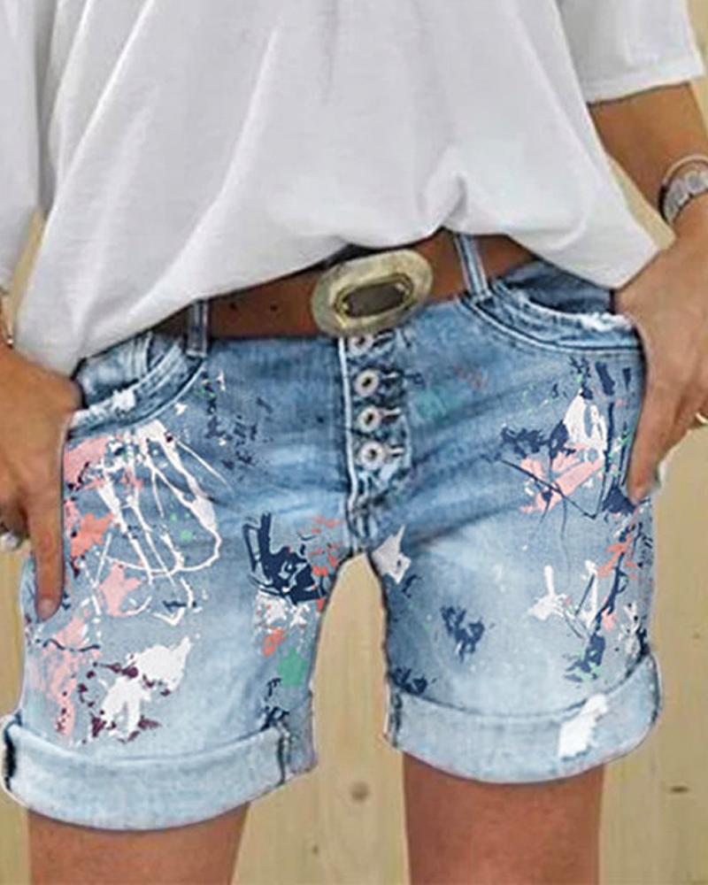 

Allover Print Roll Hem Button Fly Denim Shorts, Lighted blue
