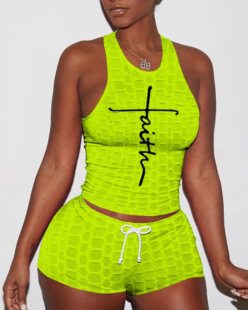 

Letter Print Textured Drawstring Active Set, Lvs green