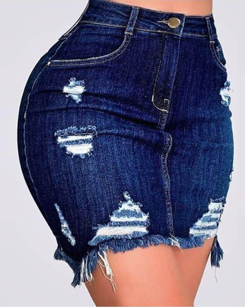 

Ripped Raw Hem Denim Skirt, Dark blue