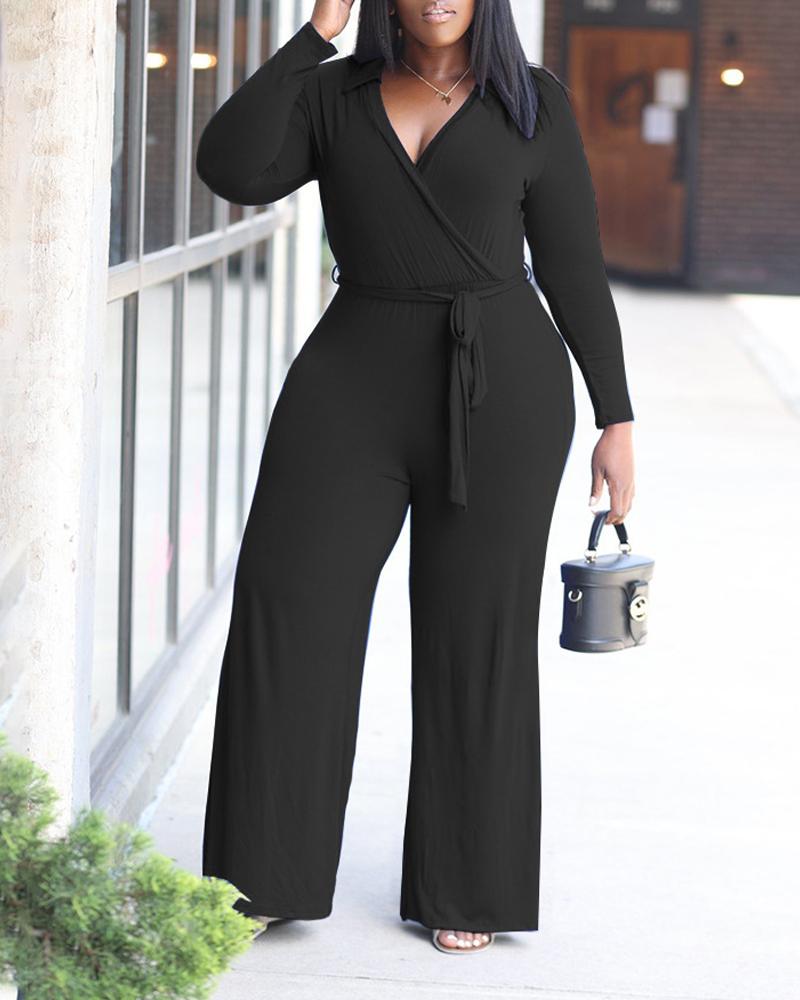 

Plus Size Long Sleeve Straight Leg Wrap Belted Jumpsuit, Black