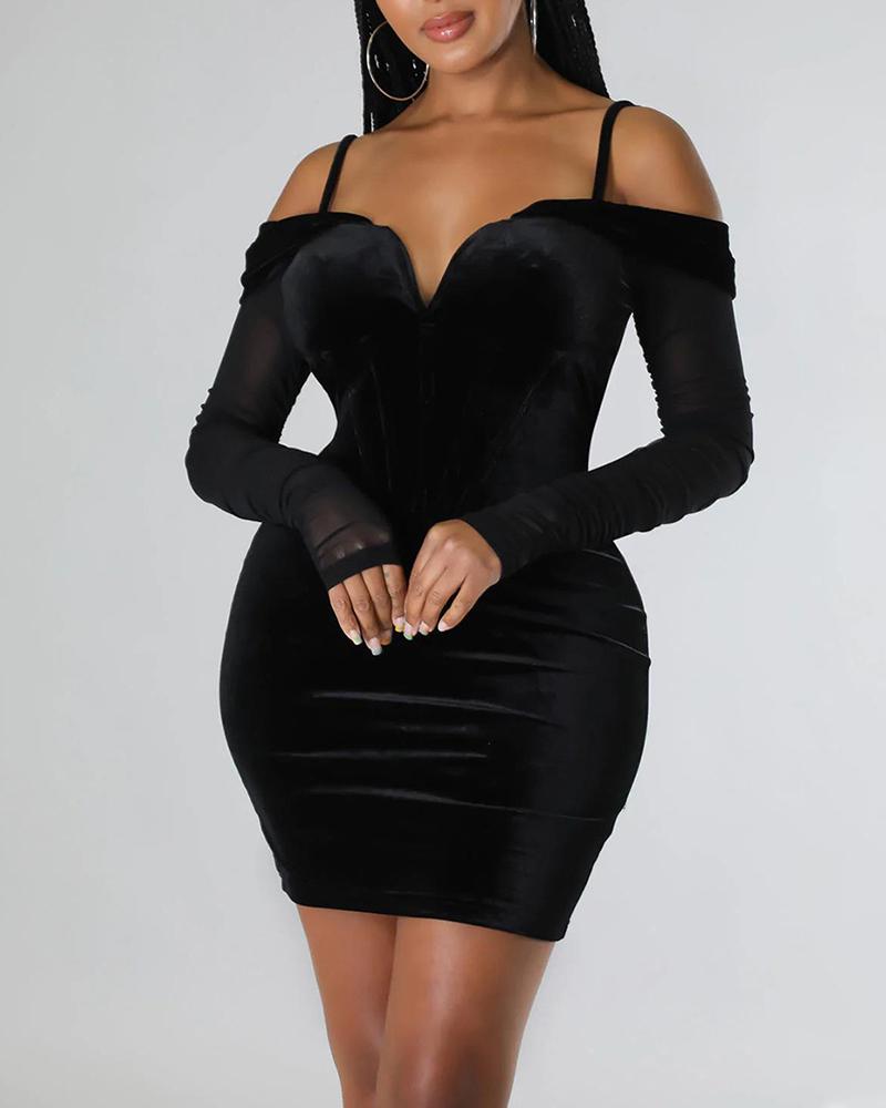 

Cold Shoulder Velvet Ruched Corset Bodycon Dress, Black