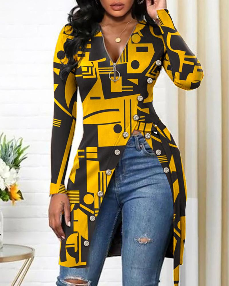 

Abstract Print Buttoned Zip Front Top, Yellow