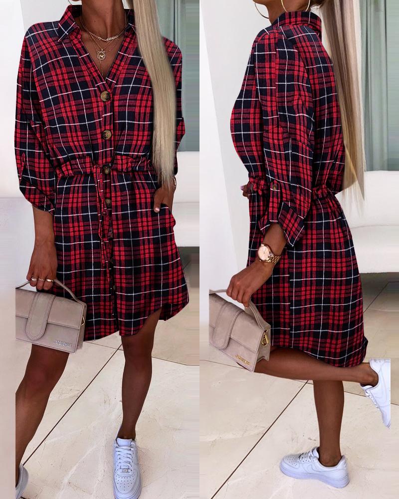 

Plaid Print Roll Up Sleeve Buttoned Shirt Dress, Red