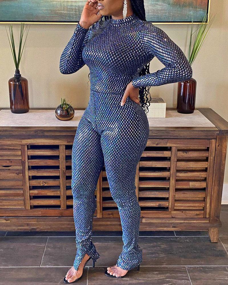 

Sequin Long Sleeve Top & Split Hem Pants Set, Blue