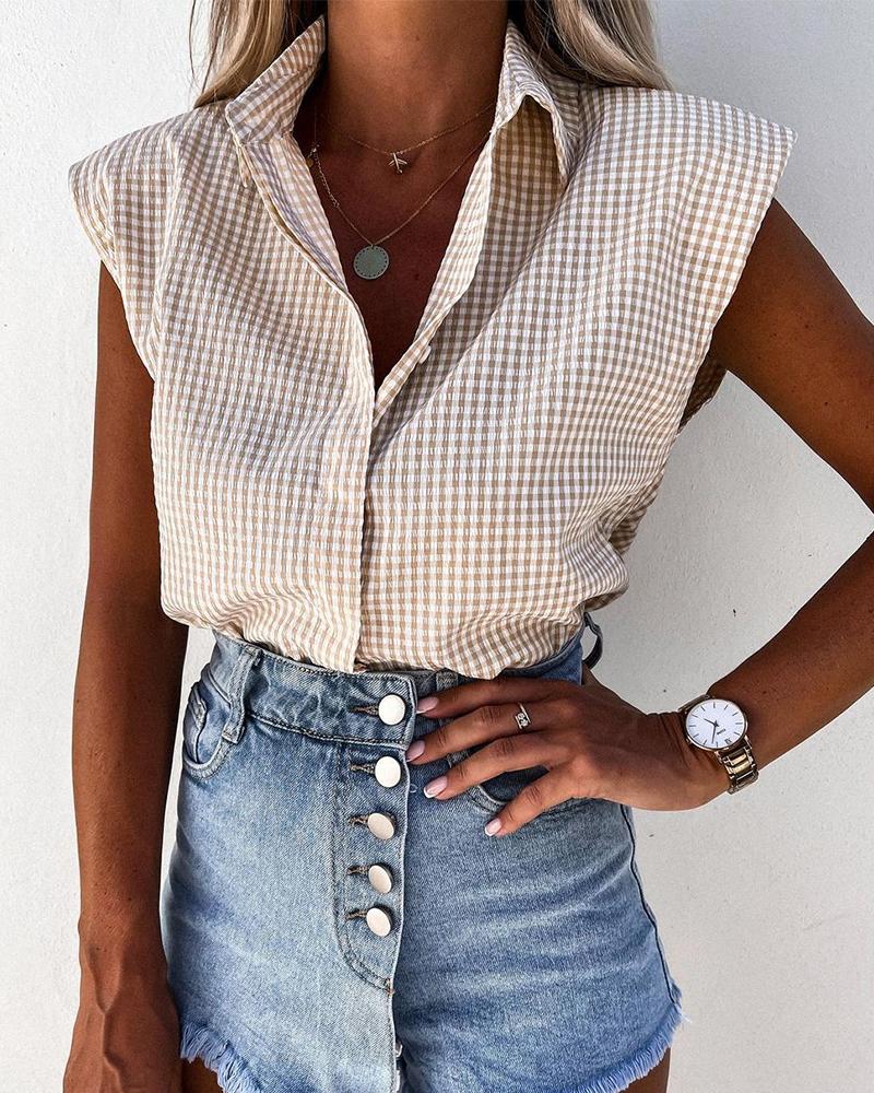 

Check Print Sleeveless Tank Top, Apricot