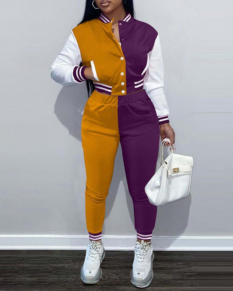 

Buttoned Colorblock Pocket Design Baseball Jacket & Pants Set, Yellow
