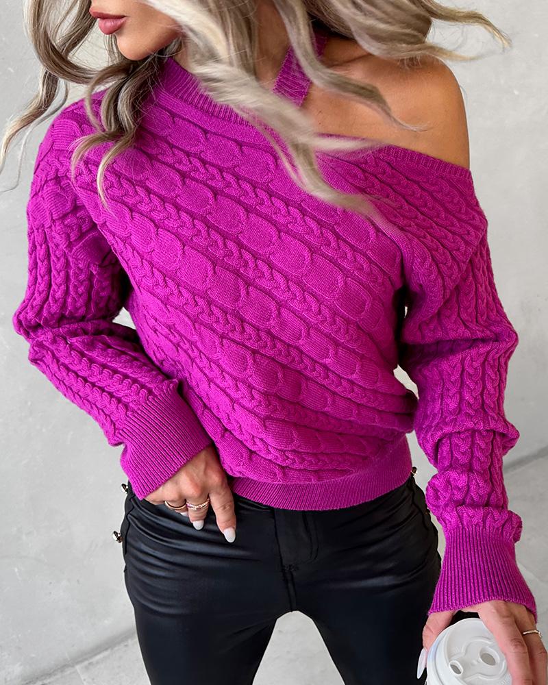 

Cold Shoulder Long Sleeve Cable Knit Sweater, Hot pink