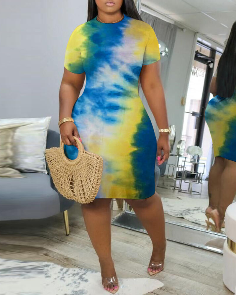 

Short Sleeve O-neck Tie Dye Print T-shirt Dress, Yellow