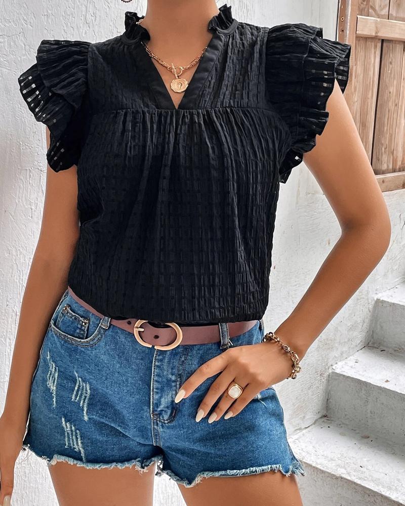 

Flutter Sleeve Plaid Pattern Top, Black