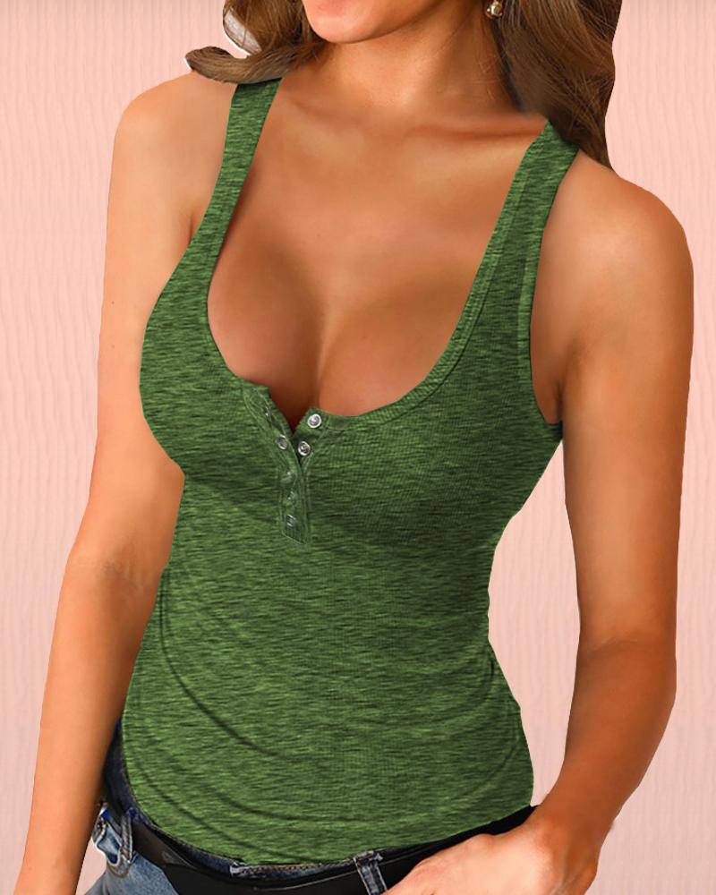 

U-Neck Snap Button Ribbed Tank Top, Green