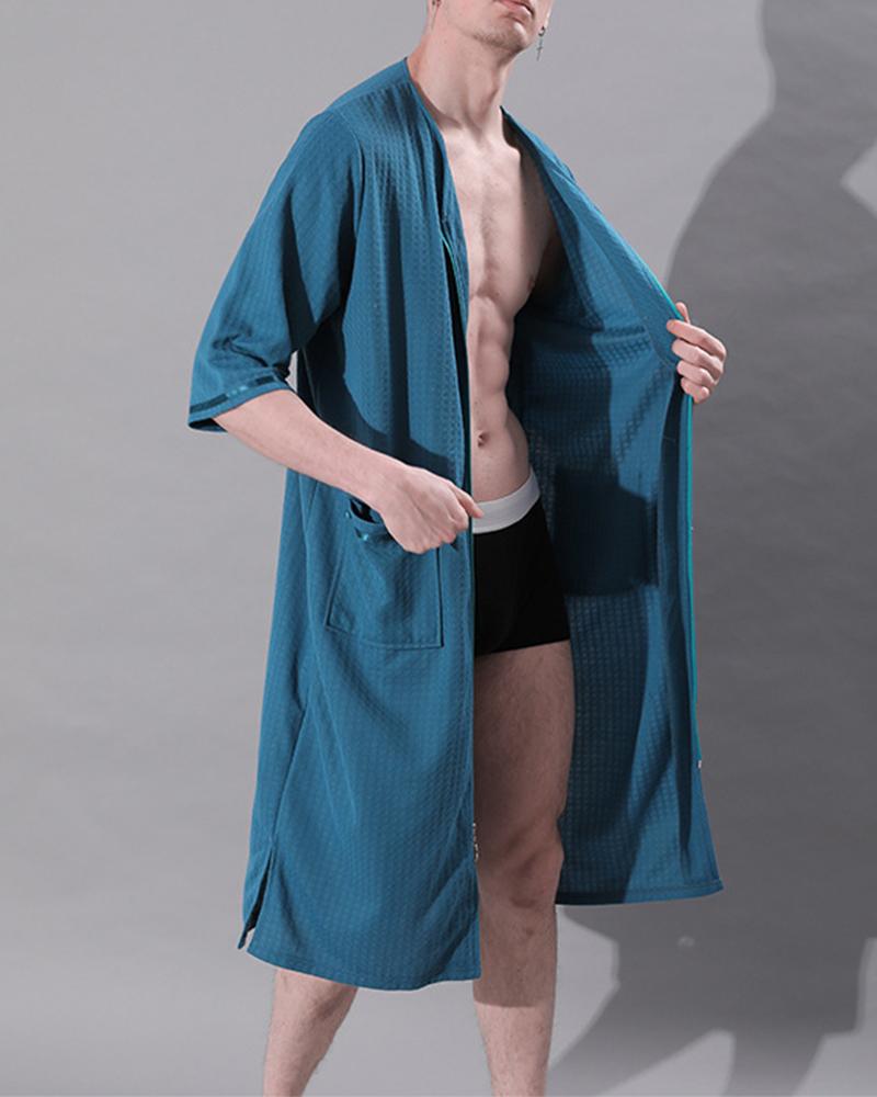 

Solid Color Long Sleeve Bathrobe With Pockets, Green
