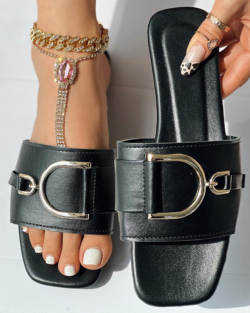 

Buckled Wide Strap Slippers, Black