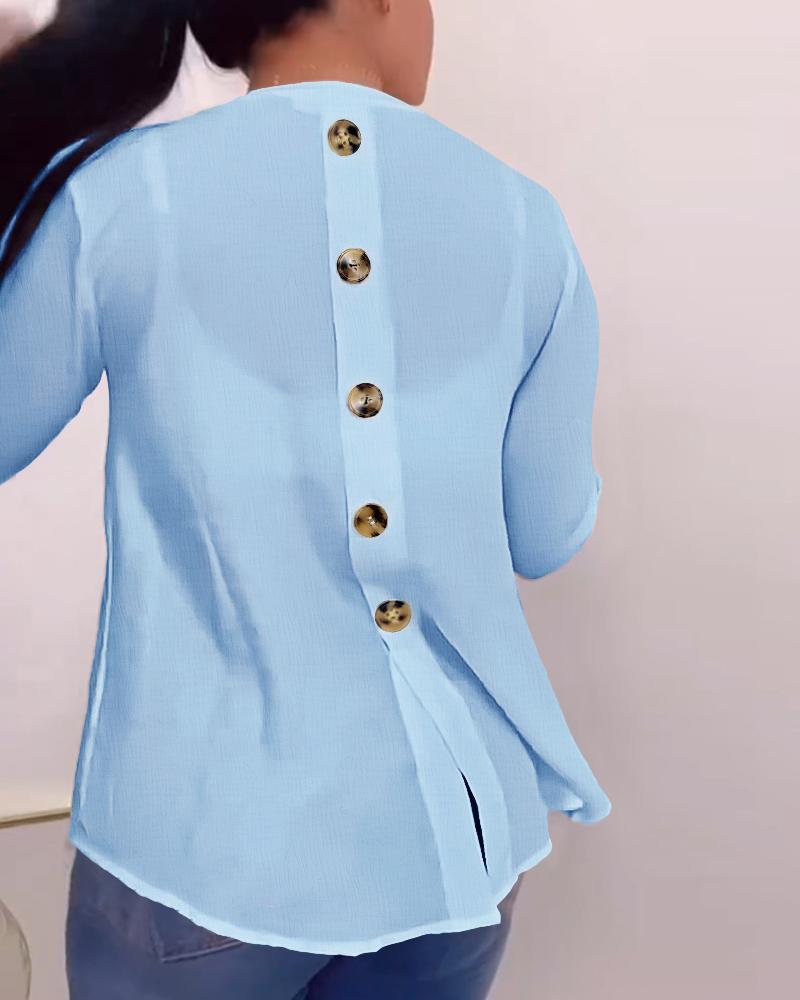 

V-Neck Roll Up Sleeve Back Button Blouse Casual Top with Pocket, Lighted blue