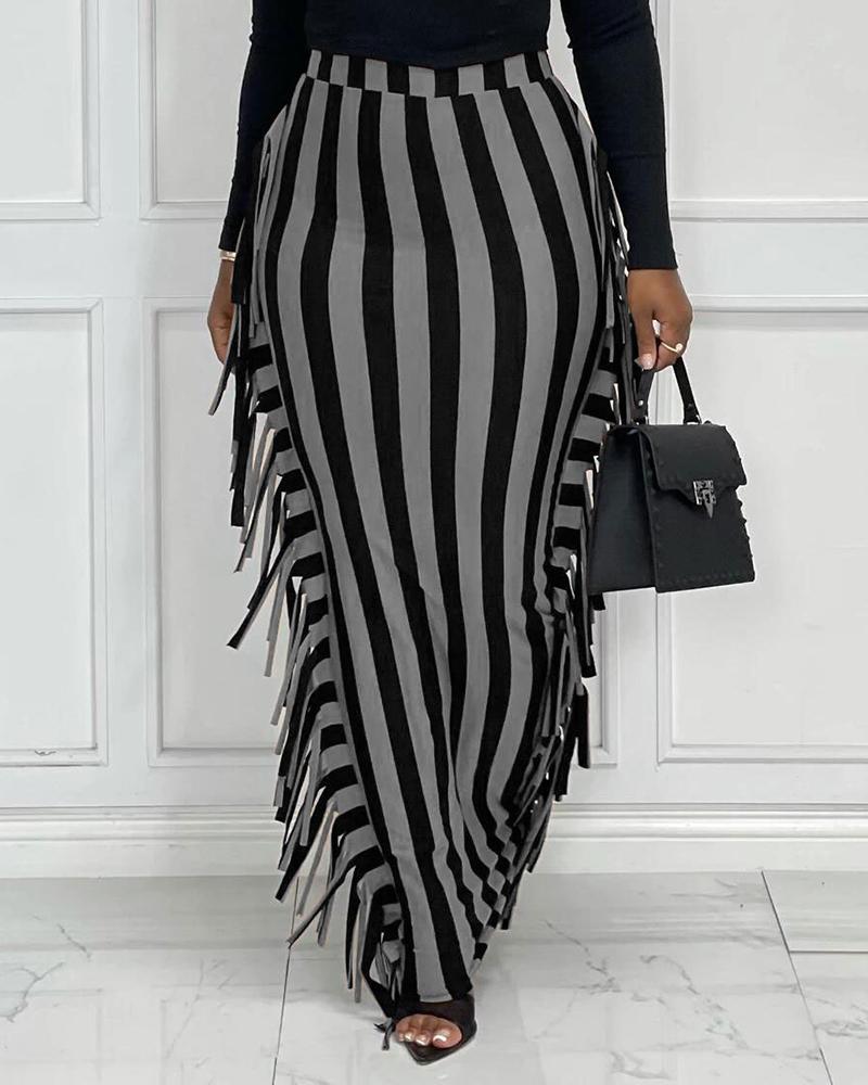 

High Waist Striped Print Tassel Design Maxi Skirt, Gray