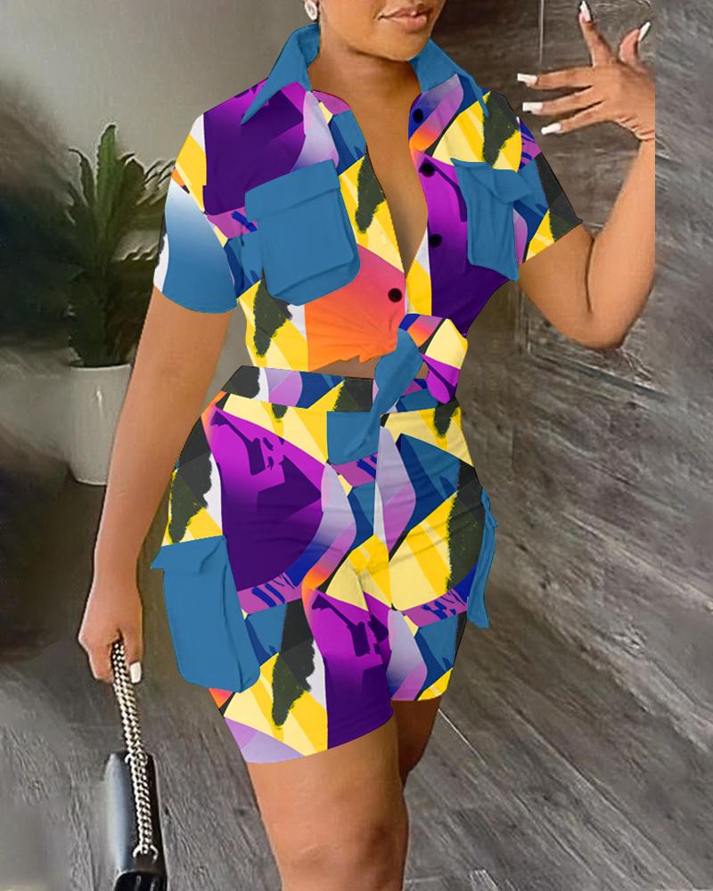 

Abstract Geometric Print Pocket Design Top & Shorts Set, Multicolor