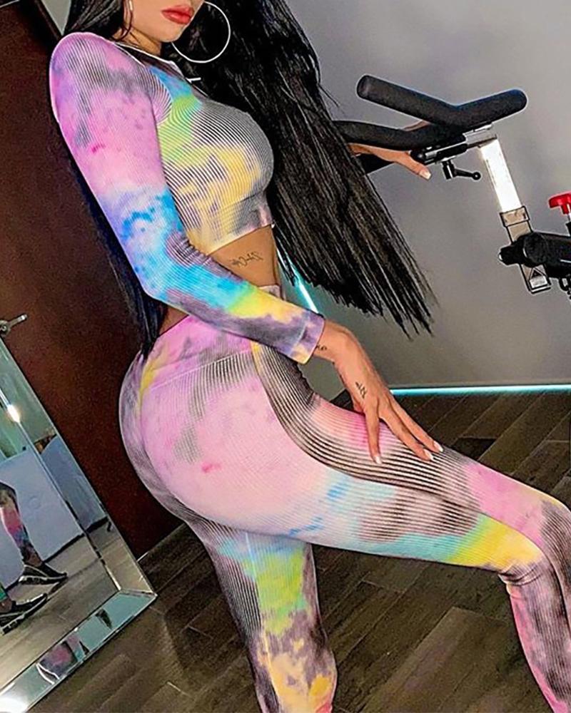 

Zipper Front Tie Dye Print Butt Lifting Yoga Sets, Multicolor